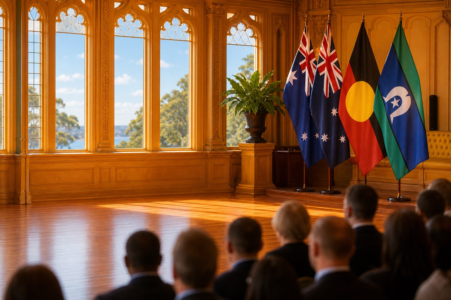 Formal hall with Australian, Aboriginal and Torres Strait Islander flags, ready for a citizenship ceremony